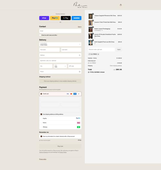 Mew Mews Fashion checkout page showing Mew Mews Fashion promo code box | Screenshot taken by SimplyCodes community member on Sep 13, 2025