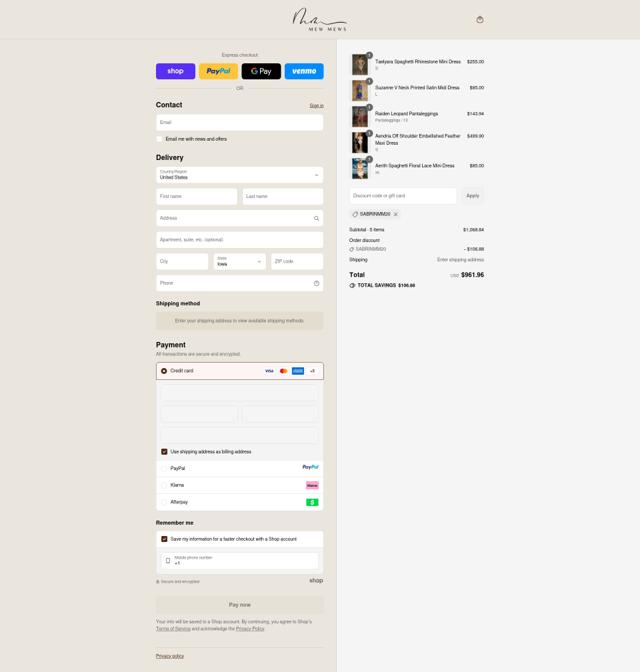 Mew Mews Fashion checkout page showing Mew Mews Fashion promo code box | Screenshot taken by SimplyCodes community member on Sep 13, 2025