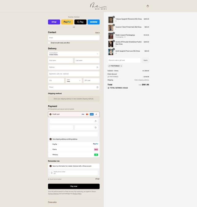 Mew Mews Fashion checkout page showing Mew Mews Fashion promo code box | Screenshot taken by SimplyCodes community member on Sep 13, 2025