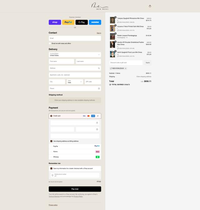 Mew Mews Fashion checkout page showing Mew Mews Fashion promo code box | Screenshot taken by SimplyCodes community member on Sep 13, 2025