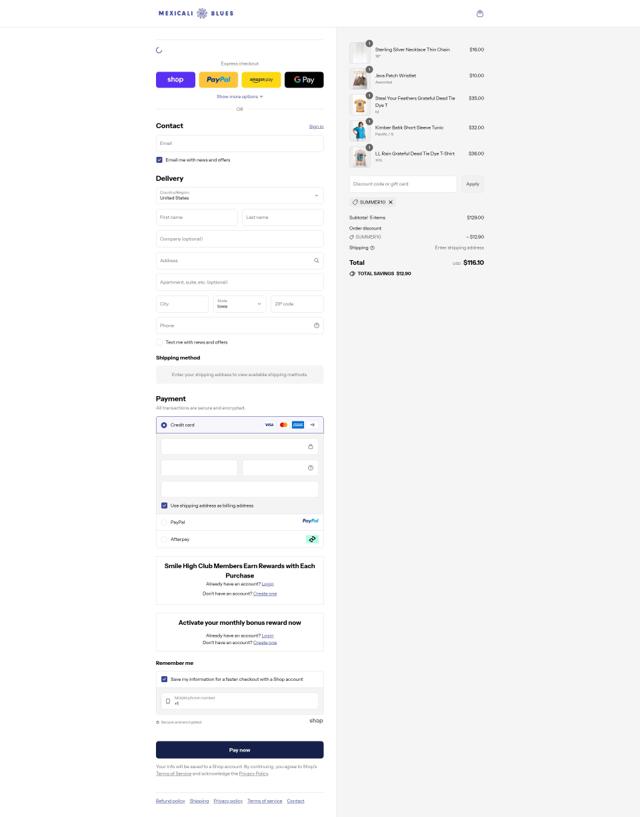 Mexicali Blues checkout page showing Mexicali Blues coupon code box | Screenshot taken by SimplyCodes community member on Sep 13, 2025