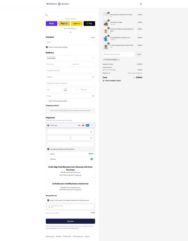 Mexicali Blues checkout page showing Mexicali Blues coupon code box | Screenshot taken by SimplyCodes community member on Sep 13, 2025