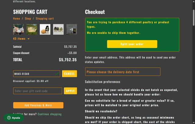 Meyer Hatchery checkout page showing Meyer Hatchery coupon code box | Screenshot taken by SimplyCodes community member on Sep 7, 2025