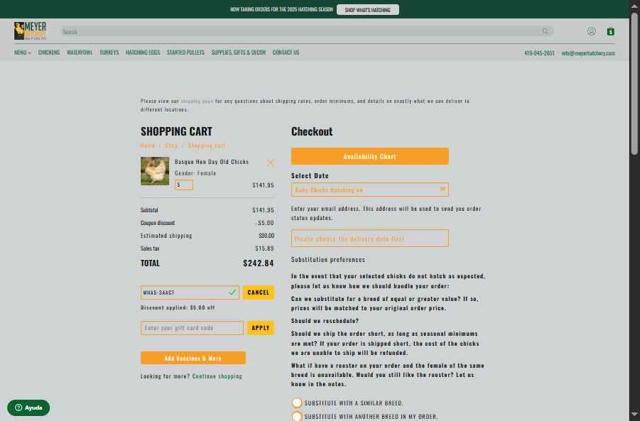 Meyer Hatchery checkout page showing Meyer Hatchery coupon code box | Screenshot taken by SimplyCodes community member on Sep 7, 2025