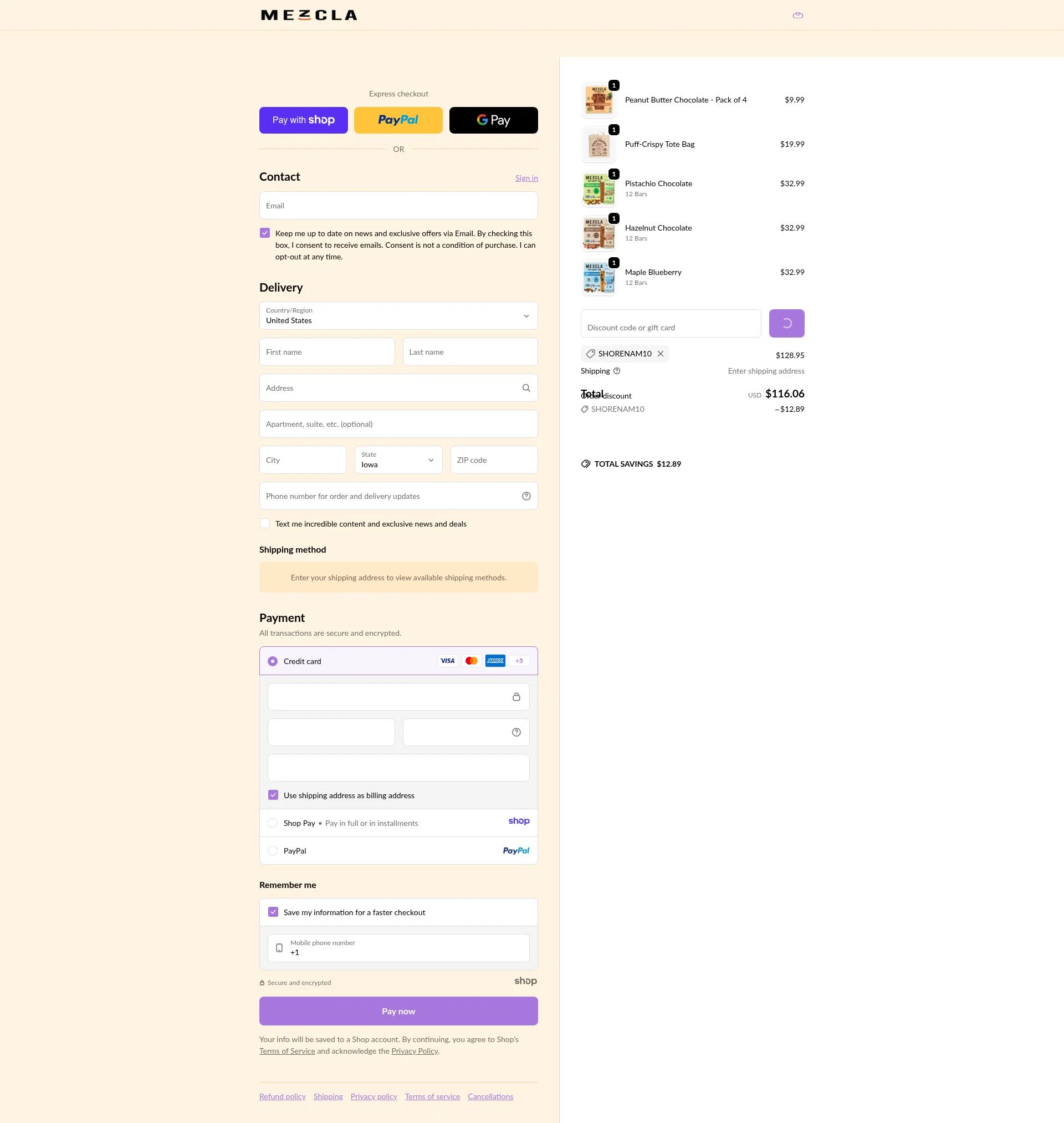 Mezcla checkout page showing Mezcla promo code box | Screenshot taken by SimplyCodes community member on Jan 10, 2026
