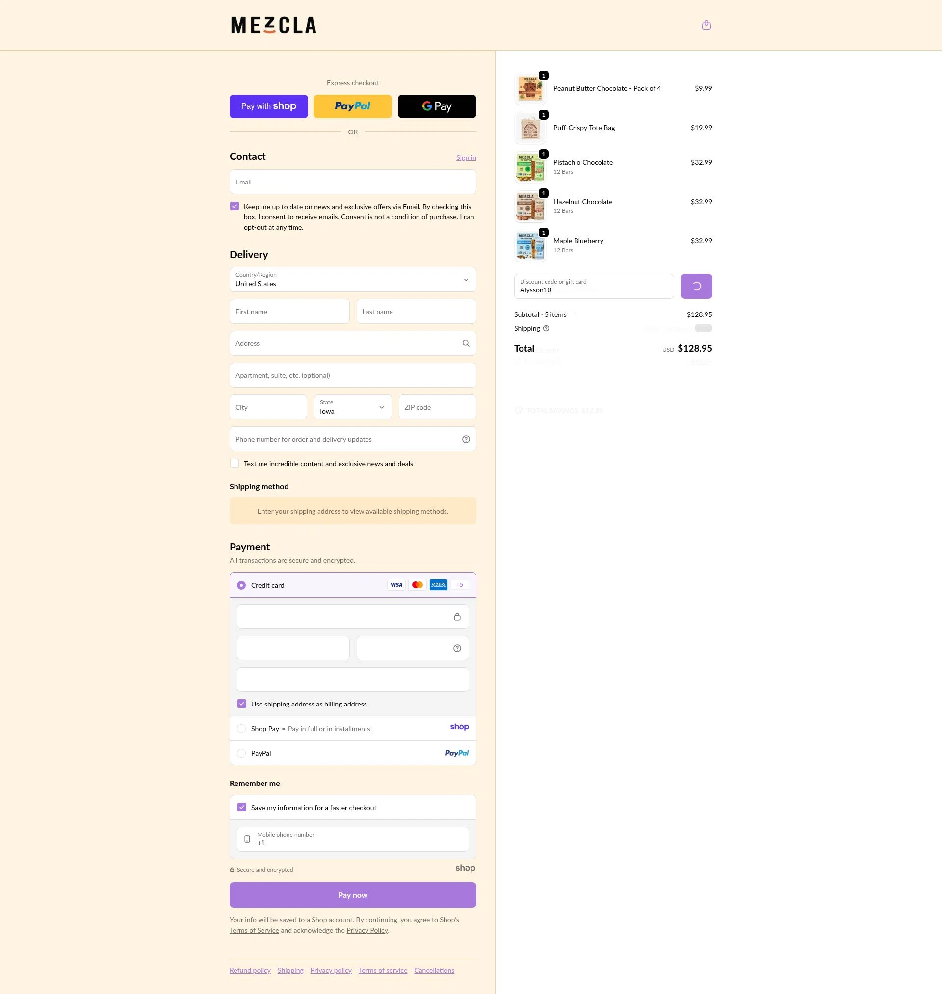 Mezcla checkout page showing Mezcla promo code box | Screenshot taken by SimplyCodes community member on Jan 10, 2026