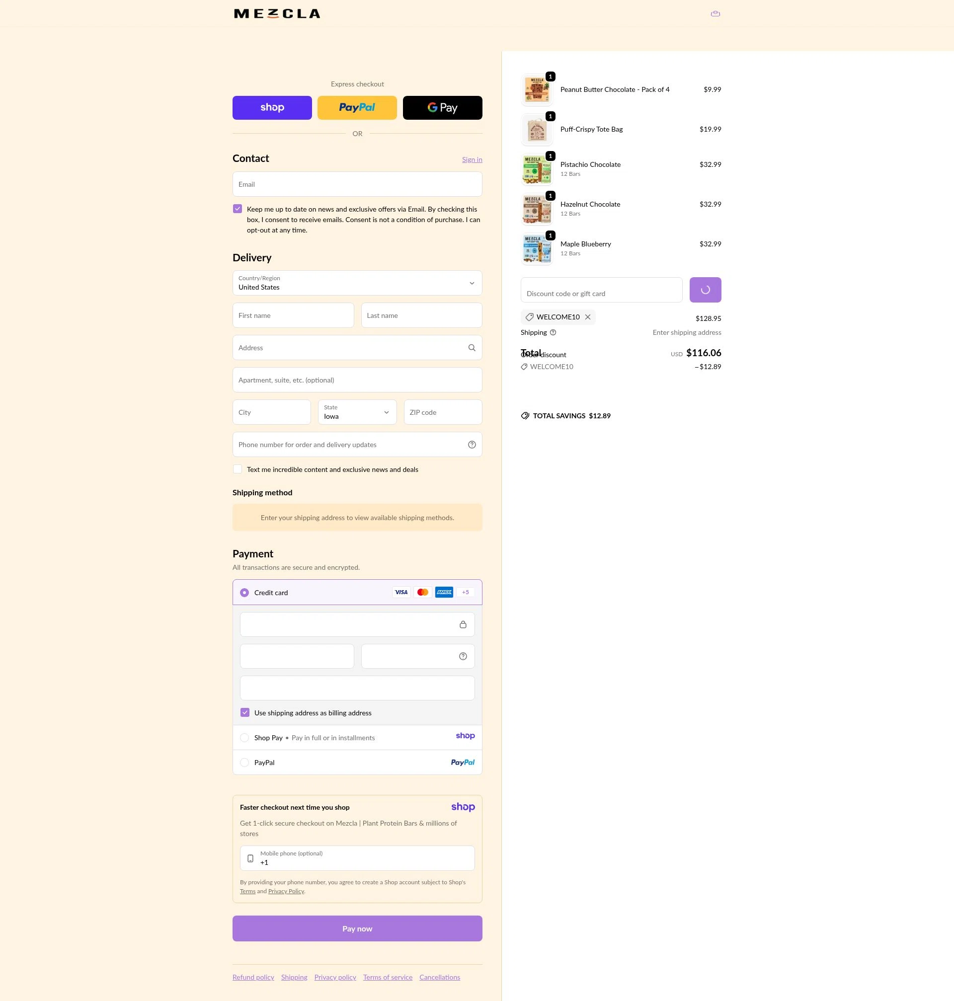 Mezcla checkout page showing Mezcla promo code box | Screenshot taken by SimplyCodes community member on Jan 10, 2026