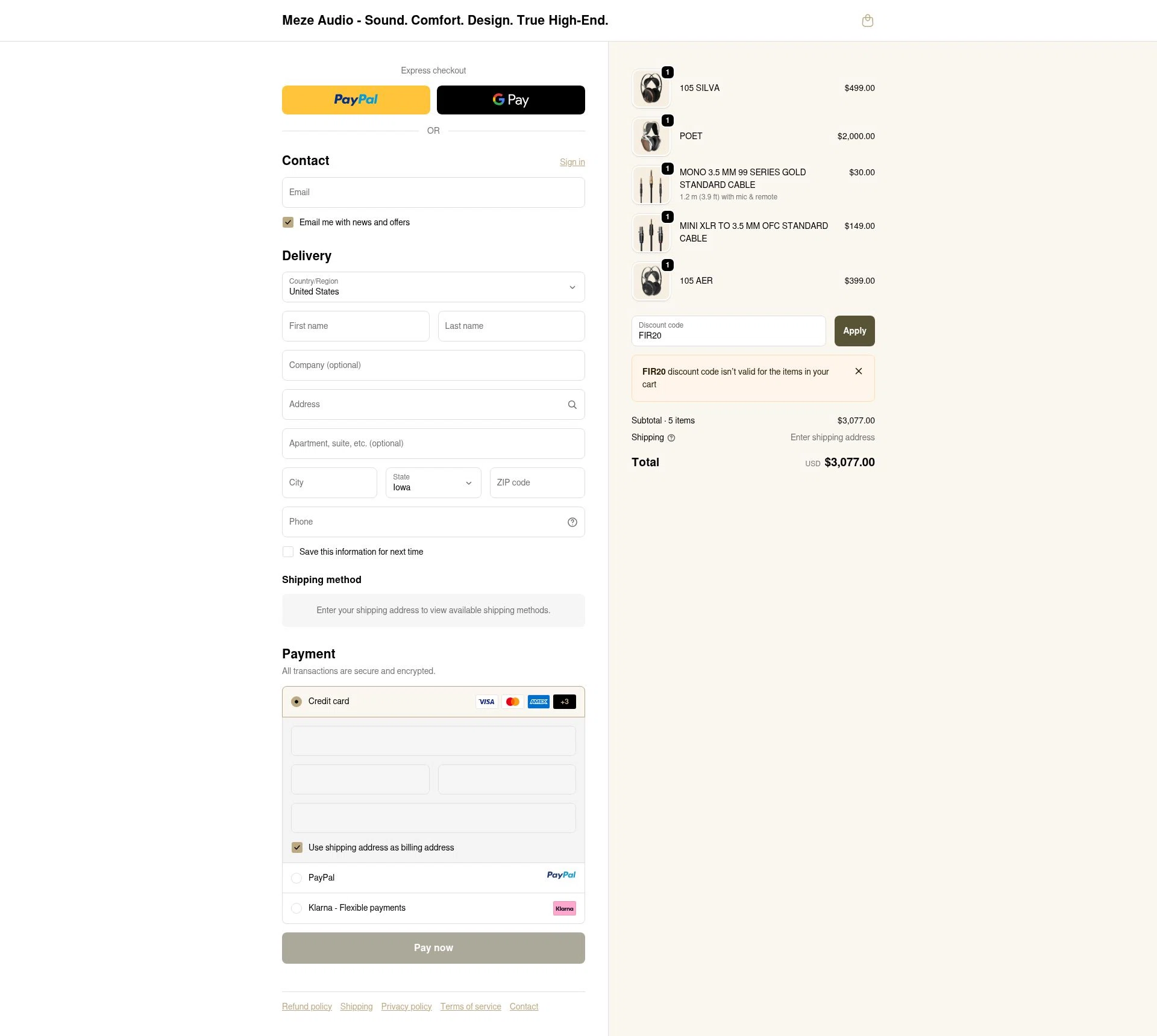 Meze Audio checkout page showing Meze Audio discount code box | Screenshot taken by SimplyCodes community member on Oct 20, 2025