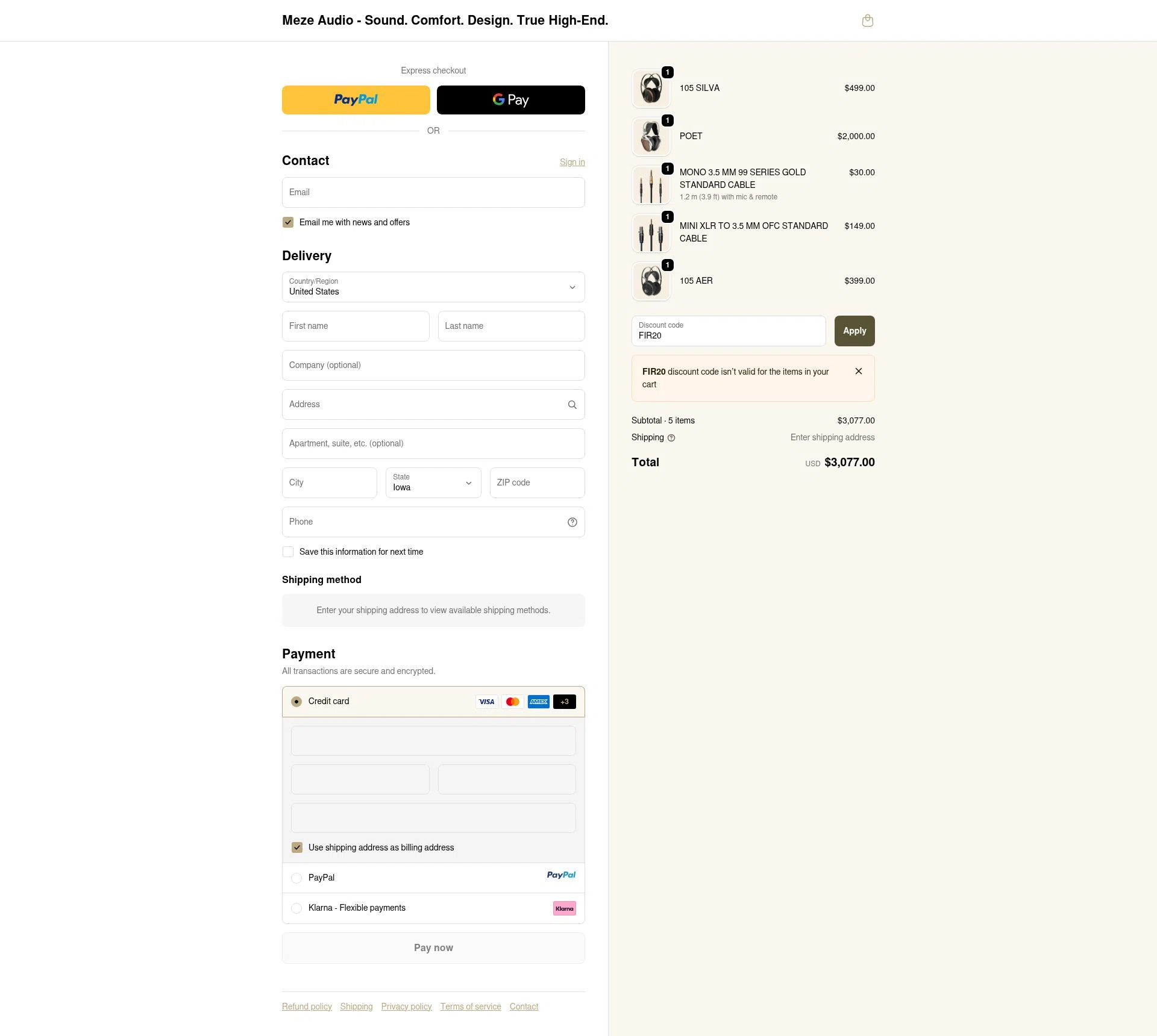Meze Audio checkout page showing Meze Audio discount code box | Screenshot taken by SimplyCodes community member on Oct 25, 2025
