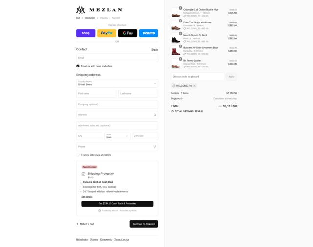 Mezlan Shoes checkout page showing Mezlan Shoes coupon code box | Screenshot taken by SimplyCodes community member on Sep 10, 2025