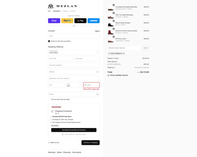 Mezlan Shoes checkout page showing Mezlan Shoes coupon code box | Screenshot taken by SimplyCodes community member on Sep 14, 2025