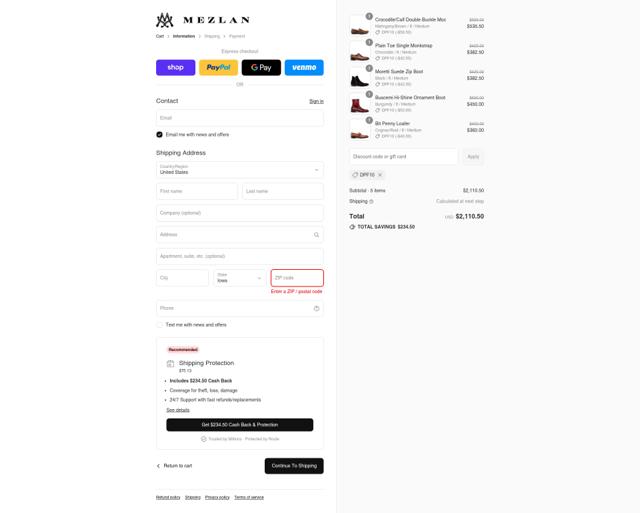 Mezlan Shoes checkout page showing Mezlan Shoes coupon code box | Screenshot taken by SimplyCodes community member on Sep 14, 2025