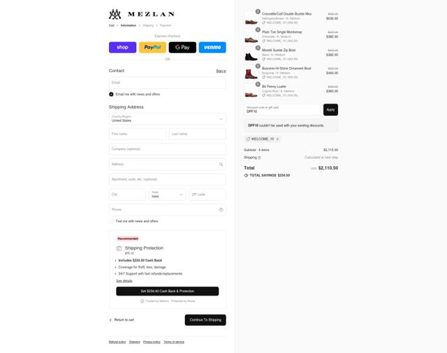 Mezlan Shoes checkout page showing Mezlan Shoes coupon code box | Screenshot taken by SimplyCodes community member on Sep 10, 2025