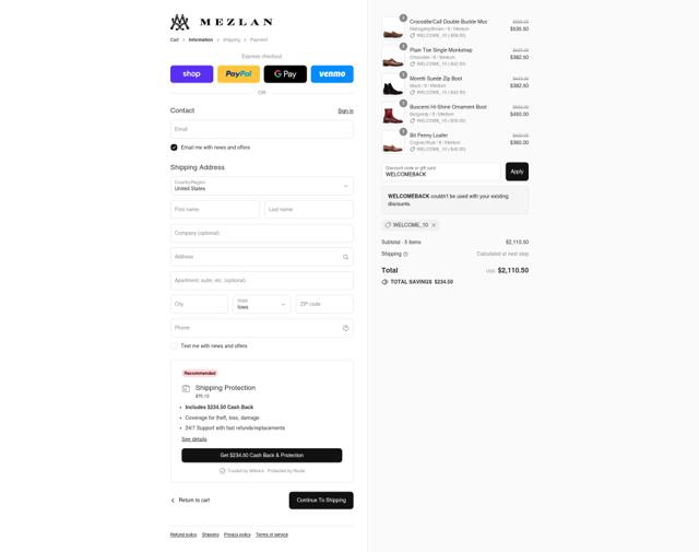 Mezlan Shoes checkout page showing Mezlan Shoes coupon code box | Screenshot taken by SimplyCodes community member on Sep 10, 2025