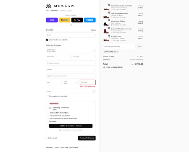 Mezlan Shoes checkout page showing Mezlan Shoes coupon code box | Screenshot taken by SimplyCodes community member on Sep 14, 2025