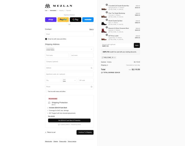 Mezlan Shoes checkout page showing Mezlan Shoes coupon code box | Screenshot taken by SimplyCodes community member on Sep 10, 2025