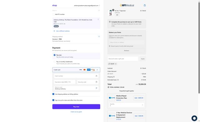 MFI Medical checkout page showing MFI Medical discount code box | Screenshot taken by SimplyCodes community member on Sep 9, 2025