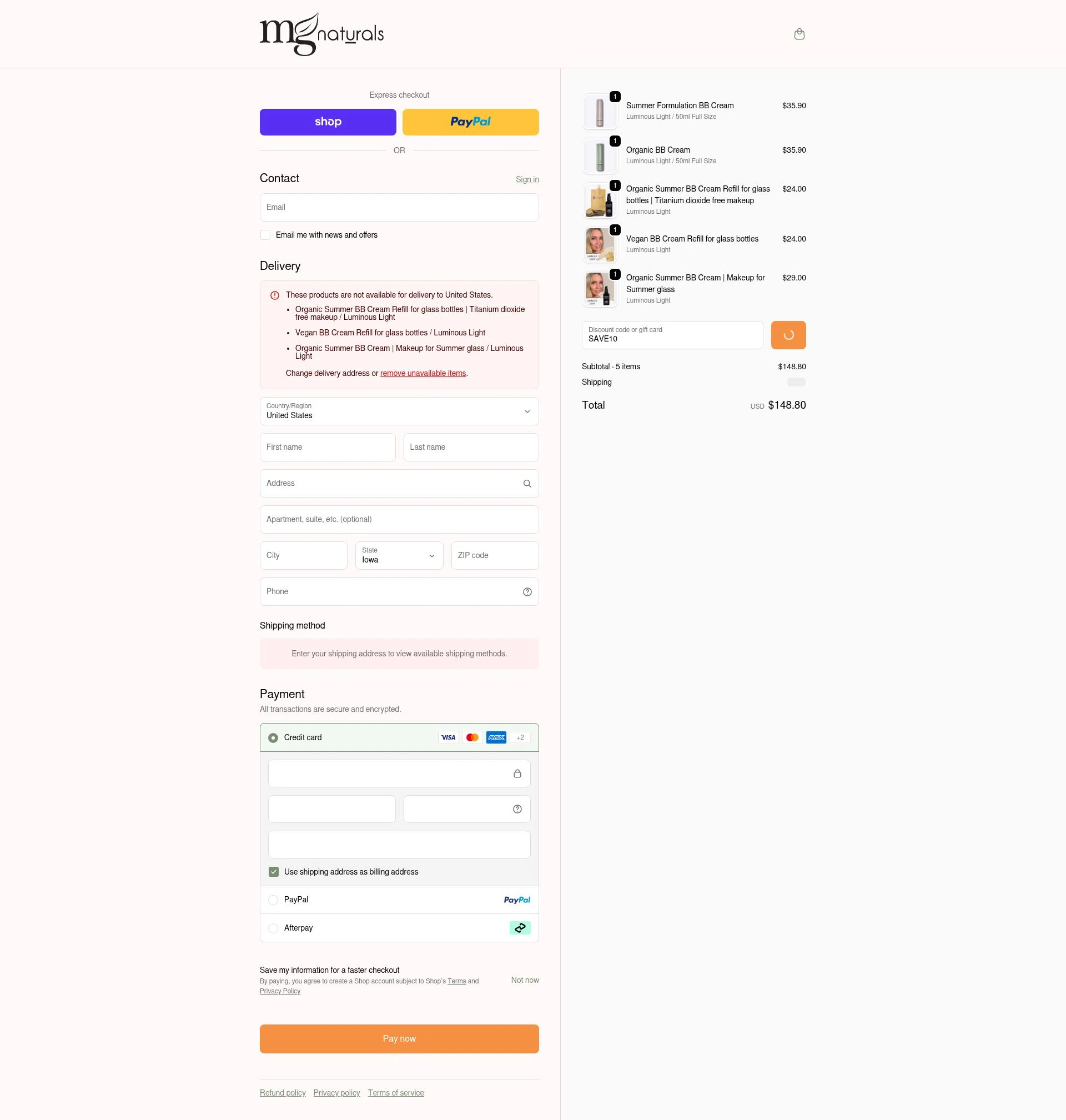 MG Naturals checkout page showing MG Naturals discount code box | Screenshot taken by SimplyCodes community member on Feb 15, 2026