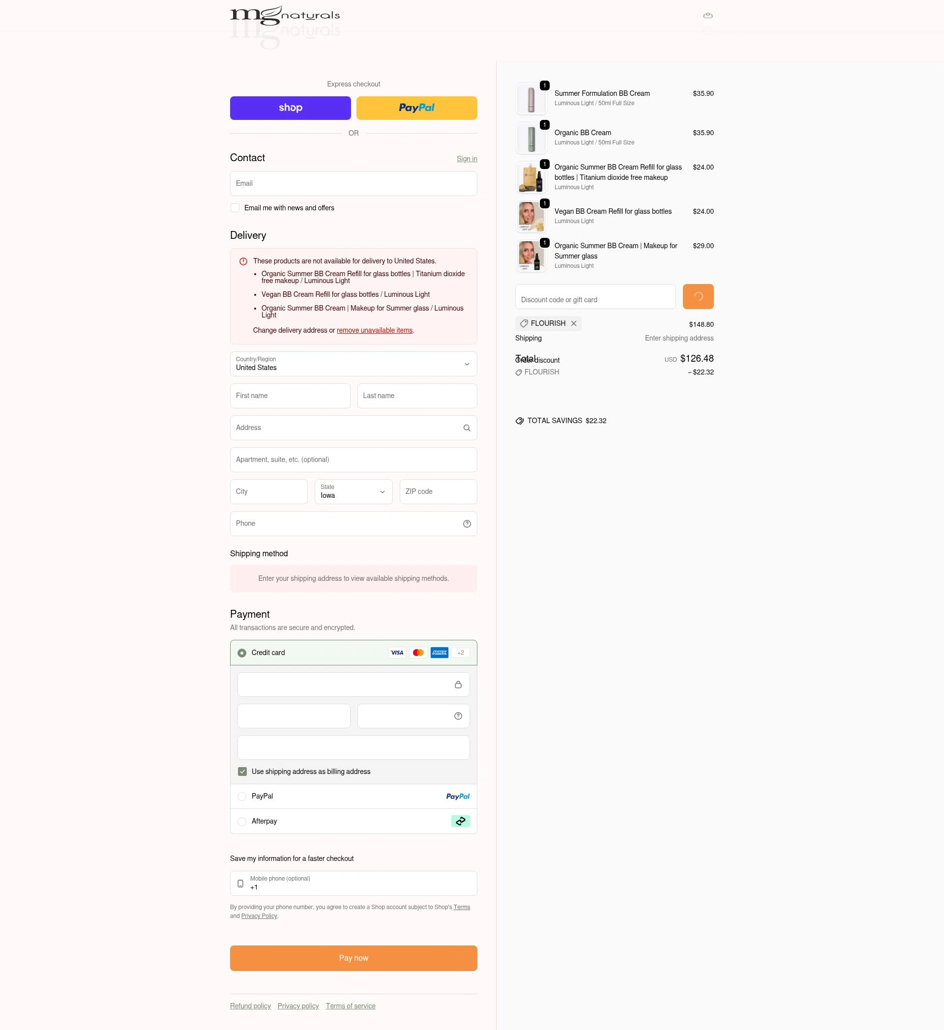 MG Naturals checkout page showing MG Naturals discount code box | Screenshot taken by SimplyCodes community member on Feb 15, 2026