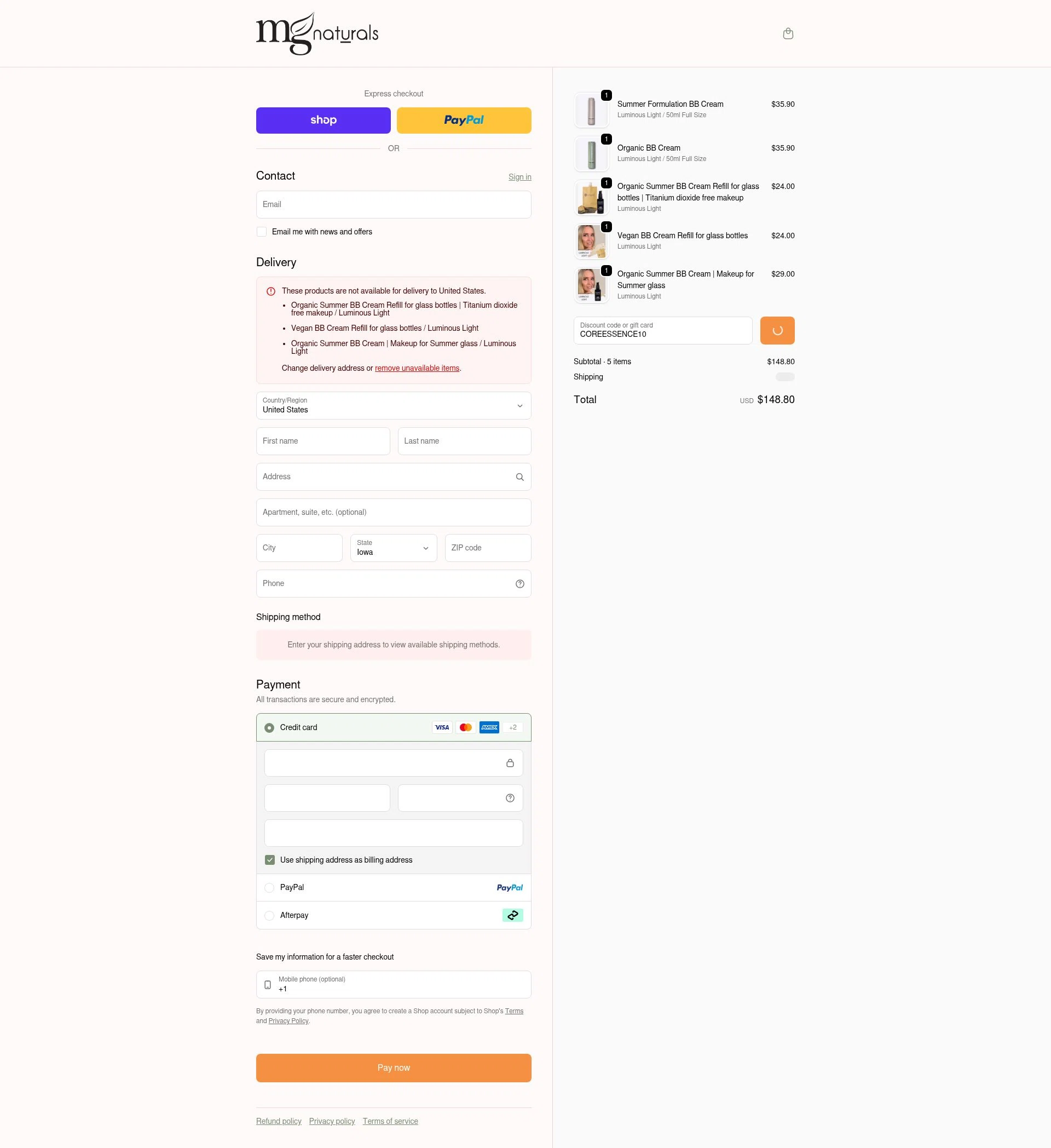 MG Naturals checkout page showing MG Naturals discount code box | Screenshot taken by SimplyCodes community member on Feb 15, 2026
