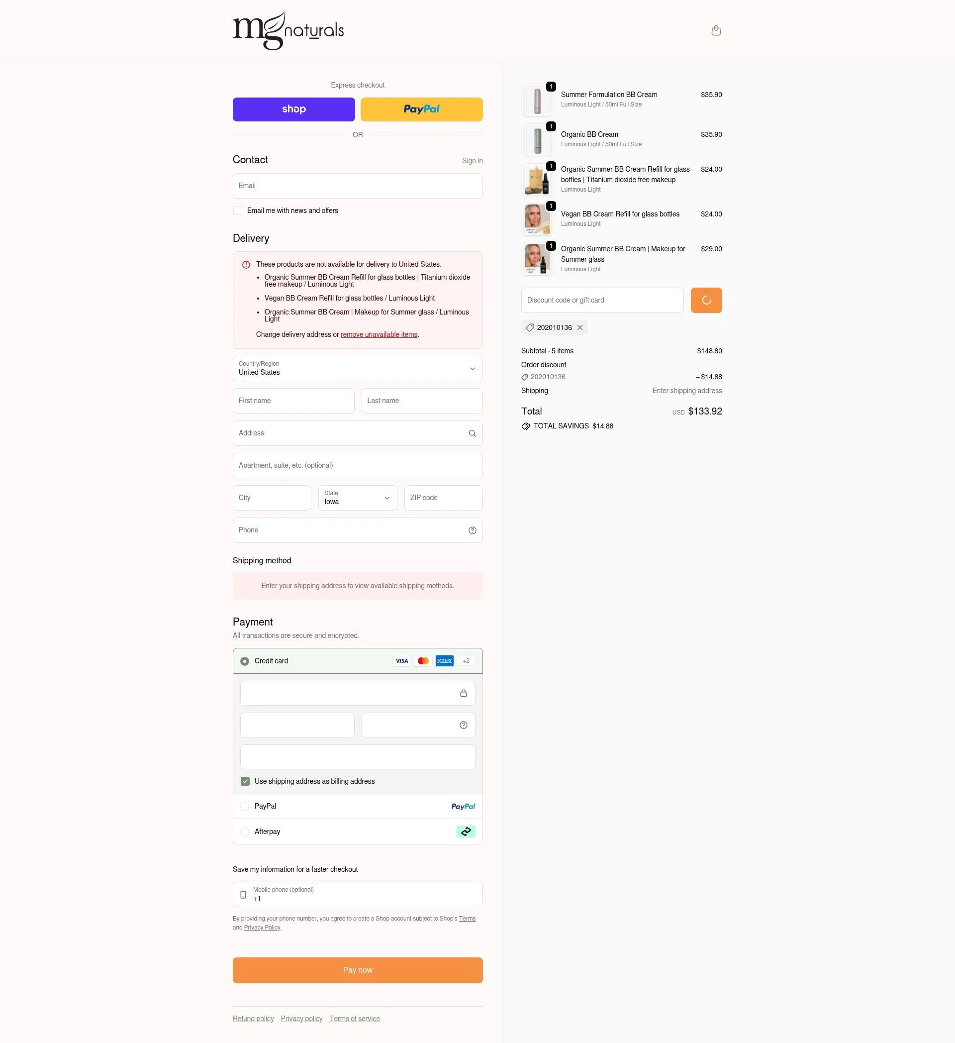 MG Naturals checkout page showing MG Naturals discount code box | Screenshot taken by SimplyCodes community member on Feb 15, 2026