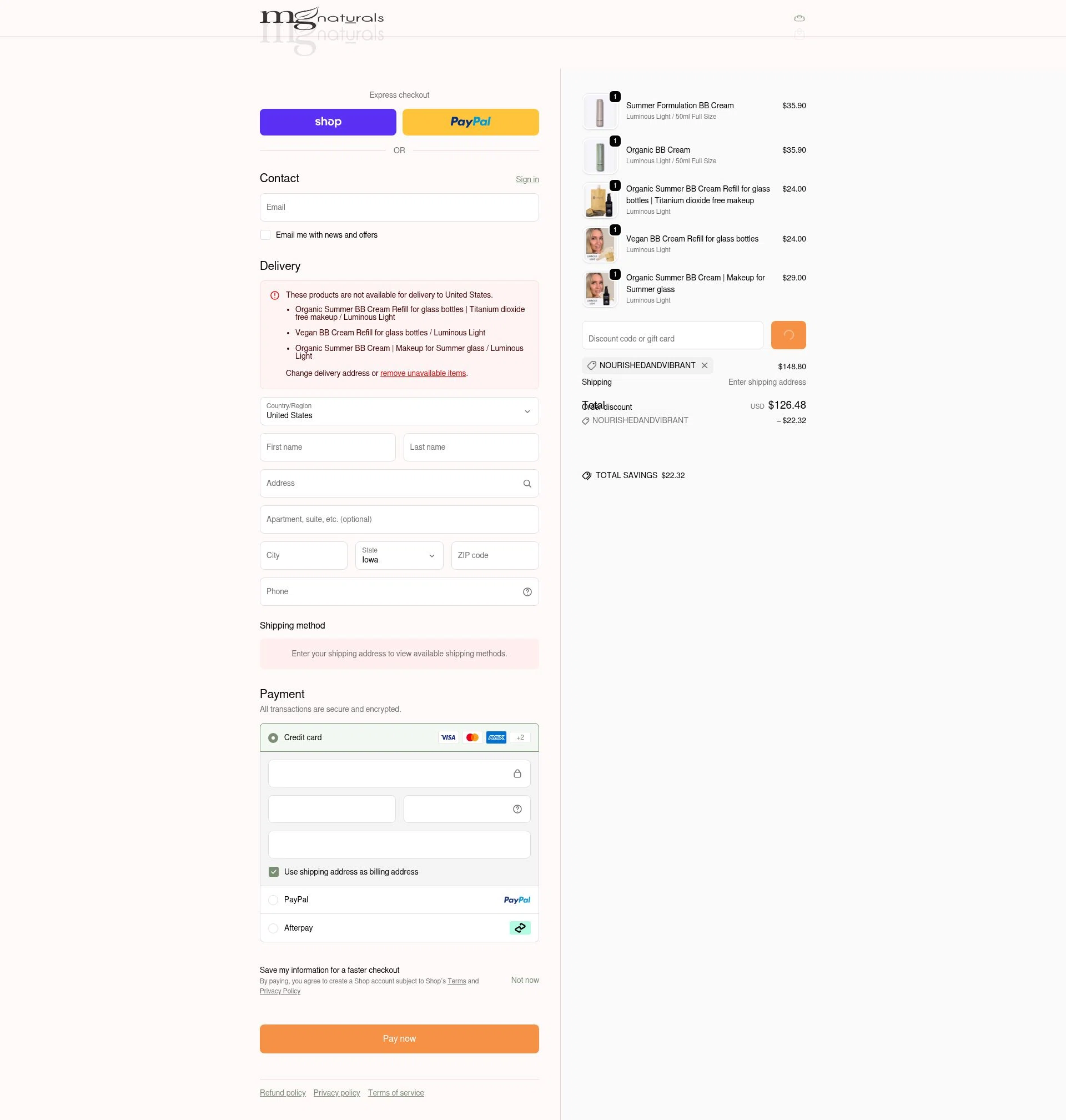 MG Naturals checkout page showing MG Naturals discount code box | Screenshot taken by SimplyCodes community member on Feb 15, 2026