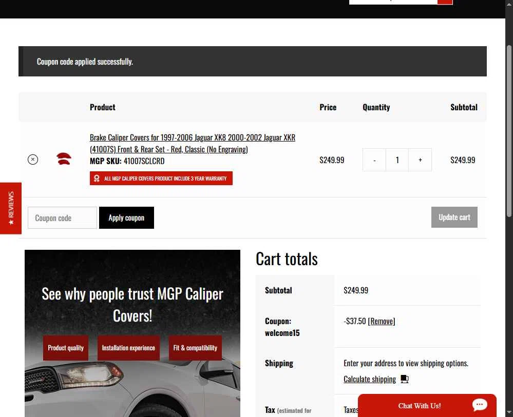 MGP Caliper Covers checkout page showing MGP Caliper Covers coupon code box | Screenshot taken by SimplyCodes community member on Feb 3, 2026