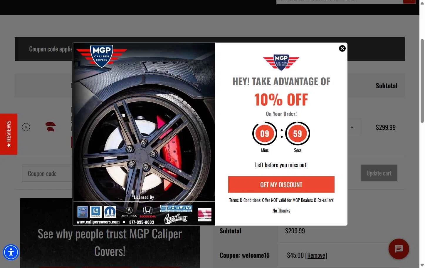 MGP Caliper Covers checkout page showing MGP Caliper Covers coupon code box | Screenshot taken by SimplyCodes community member on Nov 8, 2025