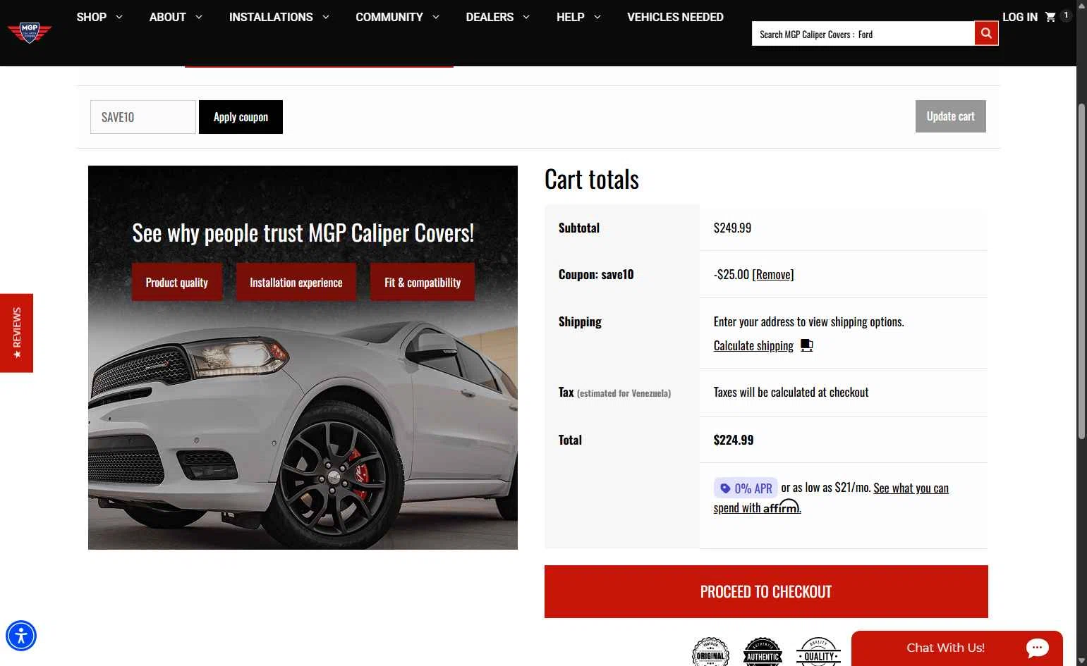 MGP Caliper Covers checkout page showing MGP Caliper Covers coupon code box | Screenshot taken by SimplyCodes community member on Feb 1, 2026