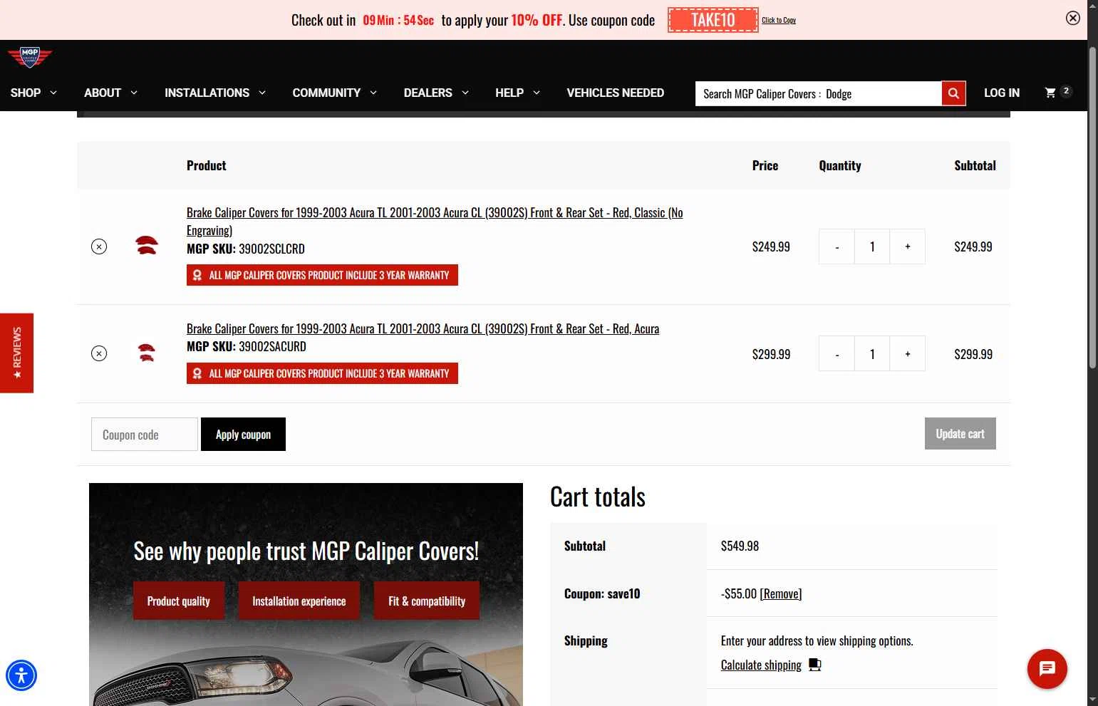 MGP Caliper Covers checkout page showing MGP Caliper Covers coupon code box | Screenshot taken by SimplyCodes community member on Dec 5, 2025