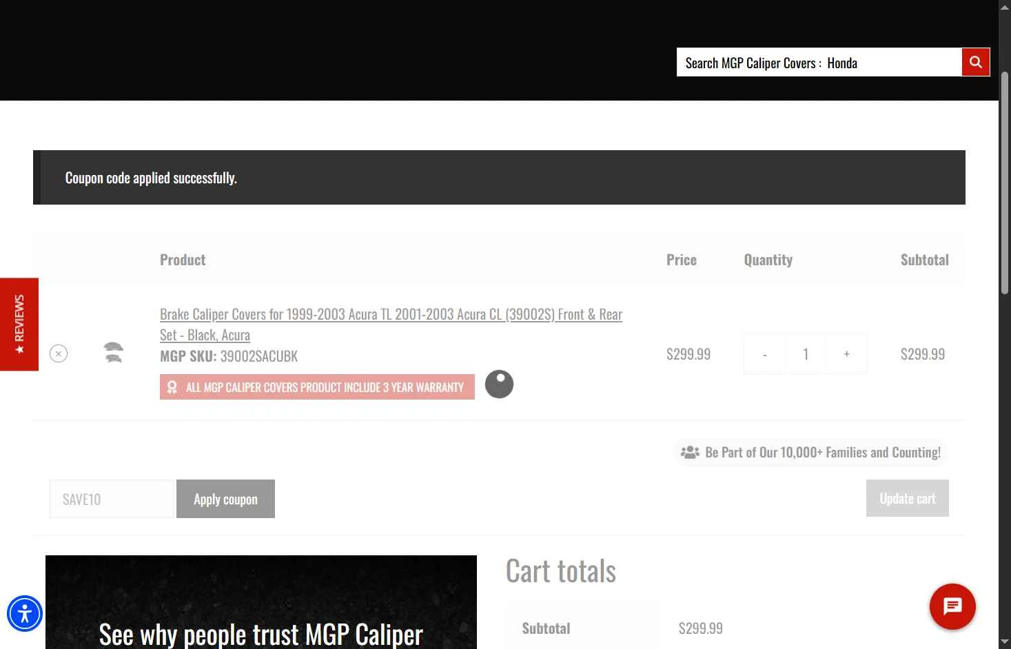 MGP Caliper Covers checkout page showing MGP Caliper Covers coupon code box | Screenshot taken by SimplyCodes community member on Jan 3, 2026