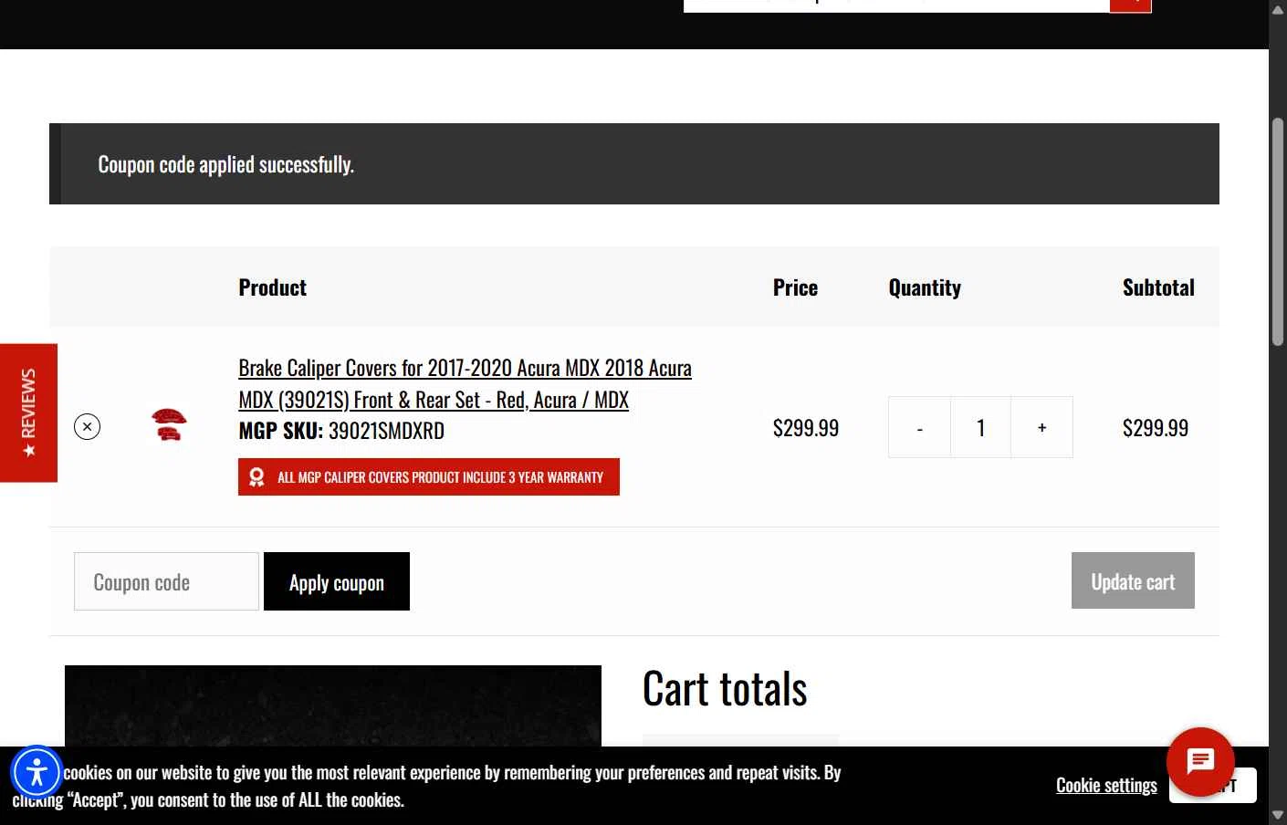 MGP Caliper Covers checkout page showing MGP Caliper Covers coupon code box | Screenshot taken by SimplyCodes community member on Jan 5, 2026