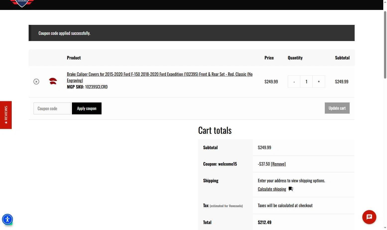 MGP Caliper Covers checkout page showing MGP Caliper Covers coupon code box | Screenshot taken by SimplyCodes community member on Dec 7, 2025