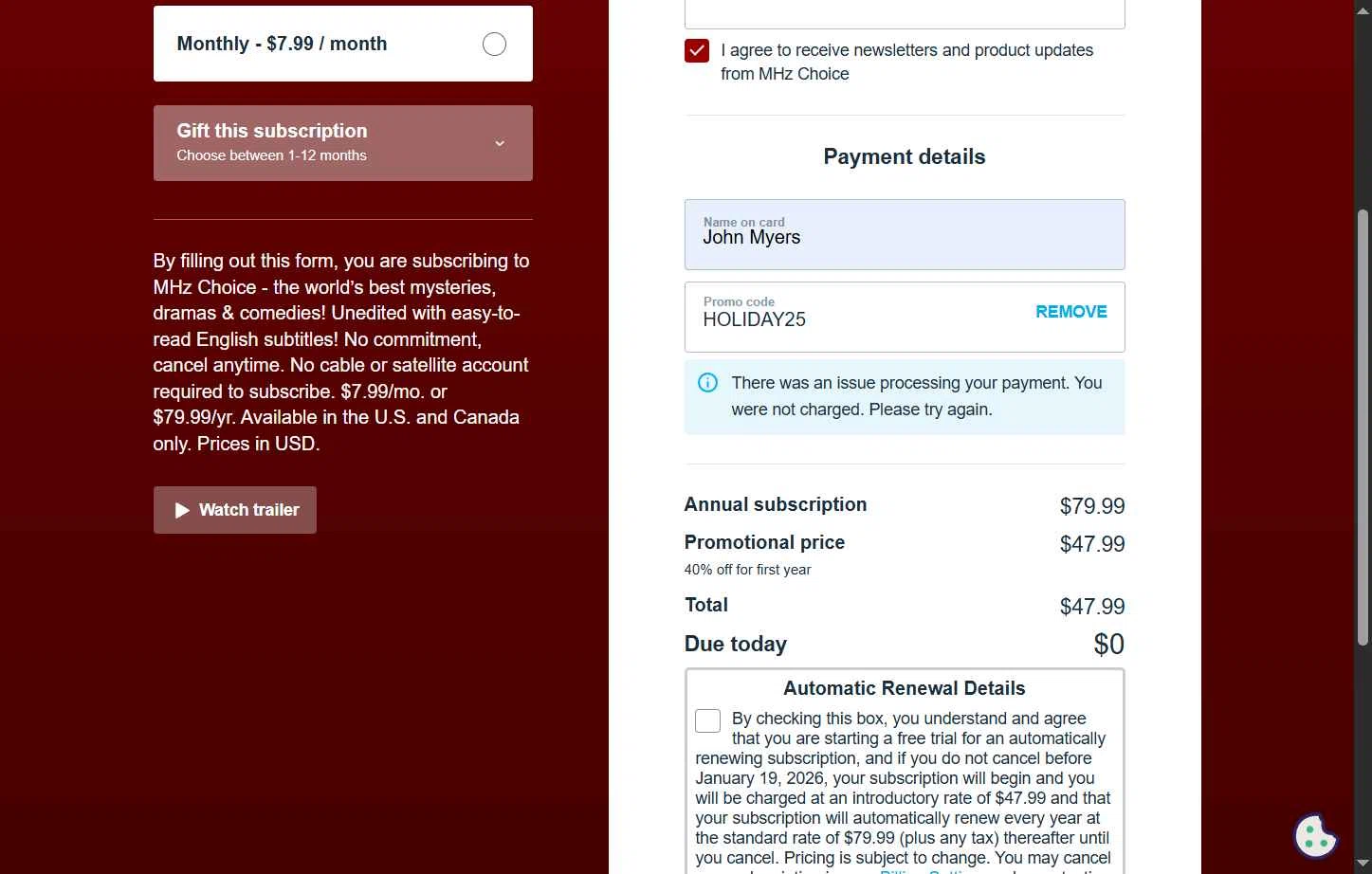 Mhz Choice checkout page showing Mhz Choice promo code box | Screenshot taken by SimplyCodes community member on Jan 12, 2026