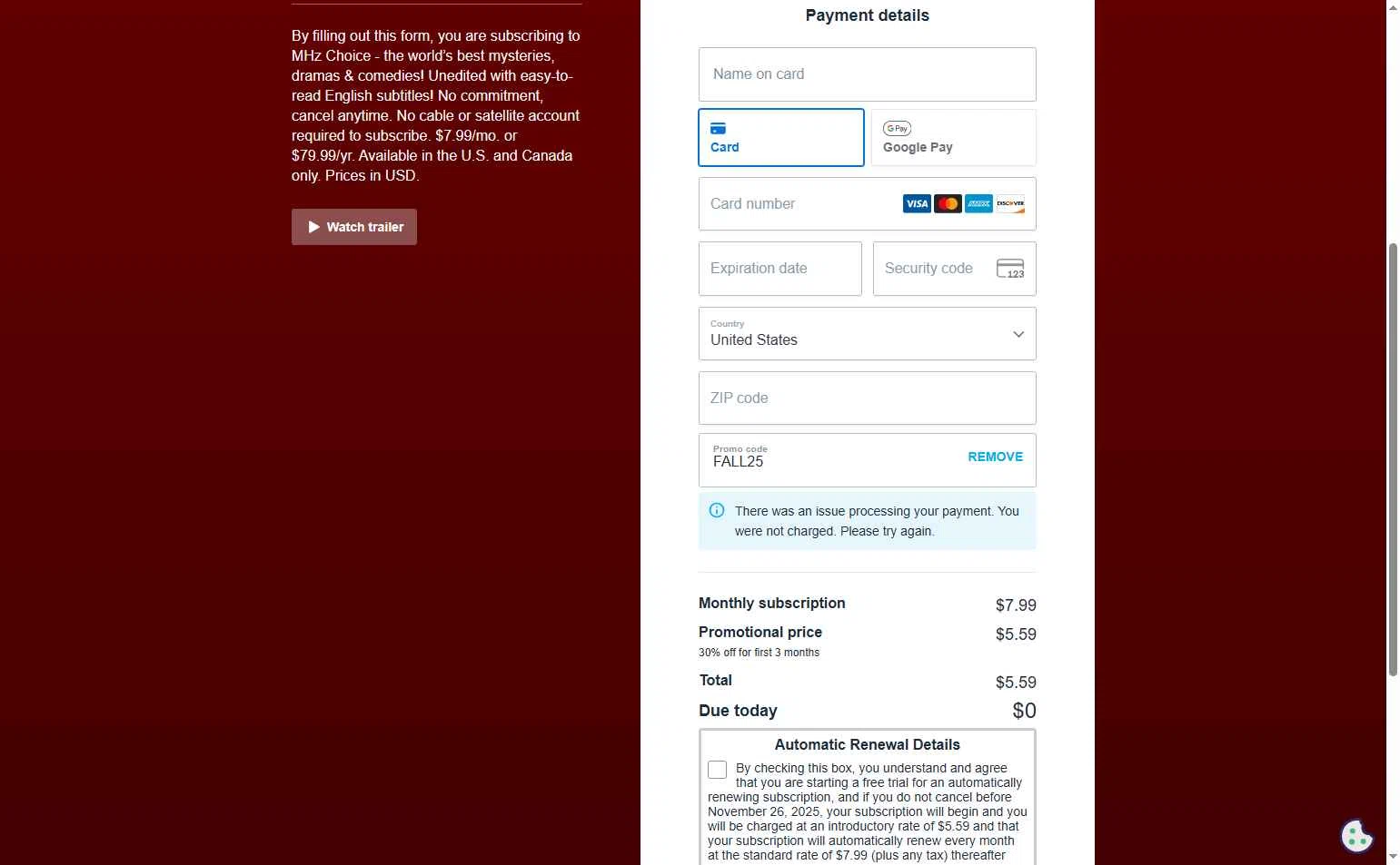 Mhz Choice checkout page showing Mhz Choice promo code box | Screenshot taken by SimplyCodes community member on Nov 19, 2025