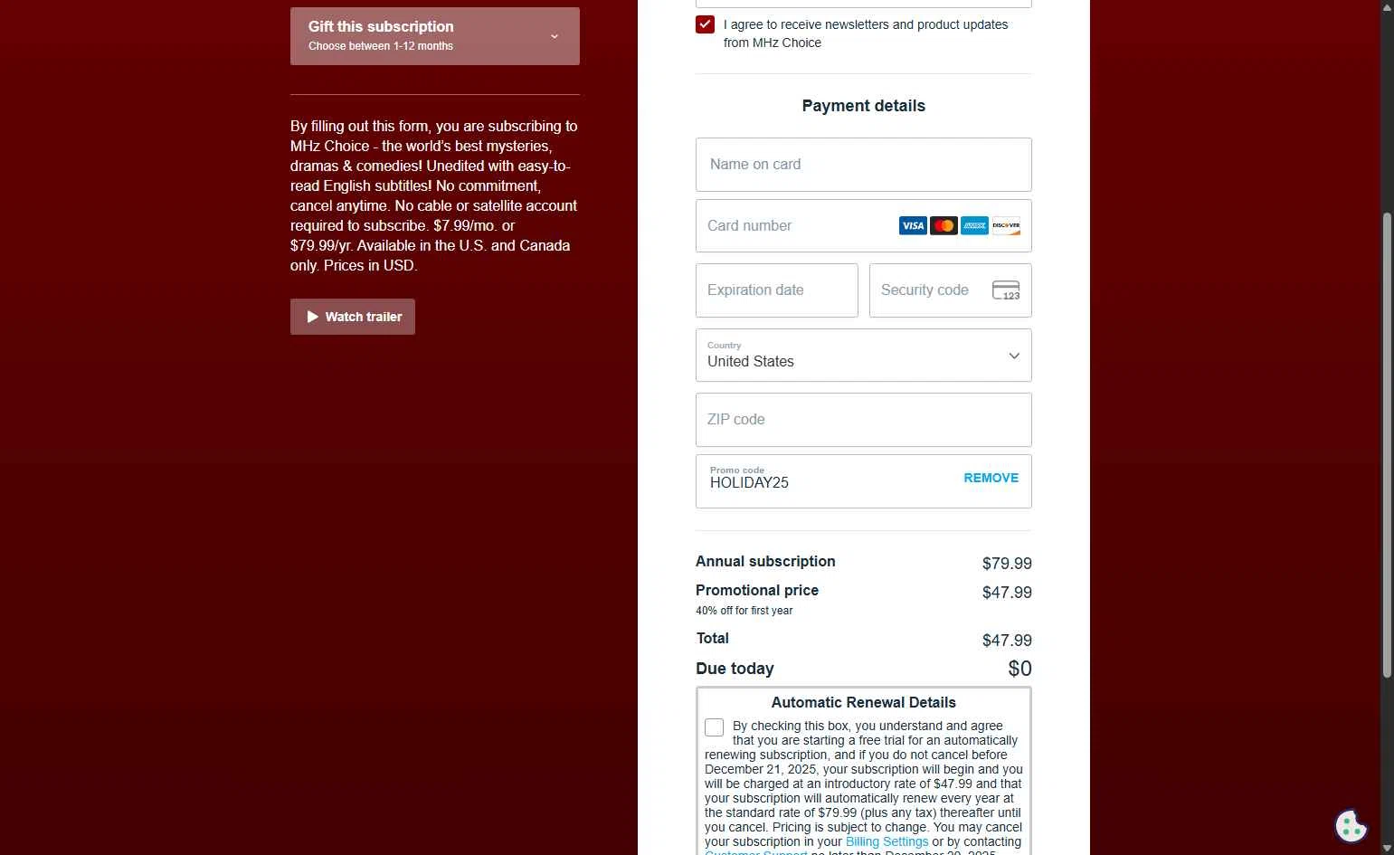 Mhz Choice checkout page showing Mhz Choice promo code box | Screenshot taken by SimplyCodes community member on Dec 14, 2025
