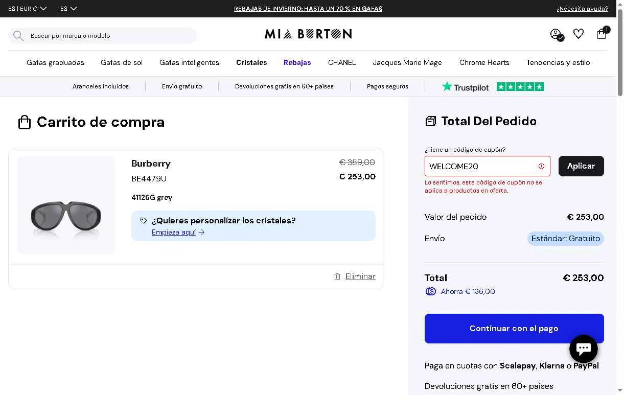 Mia Burton checkout page showing Mia Burton coupon code box | Screenshot taken by SimplyCodes community member on Jan 19, 2026