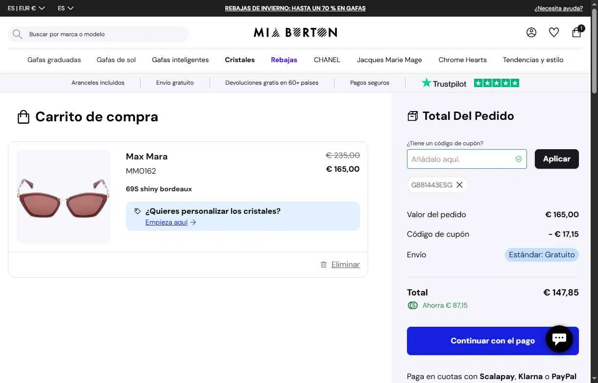 Mia Burton checkout page showing Mia Burton coupon code box | Screenshot taken by SimplyCodes community member on Jan 21, 2026