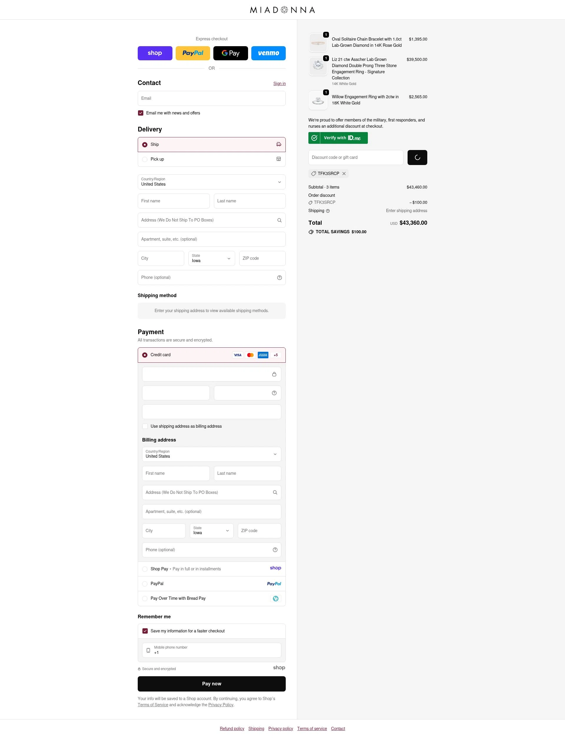 Mia Donna checkout page showing Mia Donna promo code box | Screenshot taken by SimplyCodes community member on Jan 1, 2026