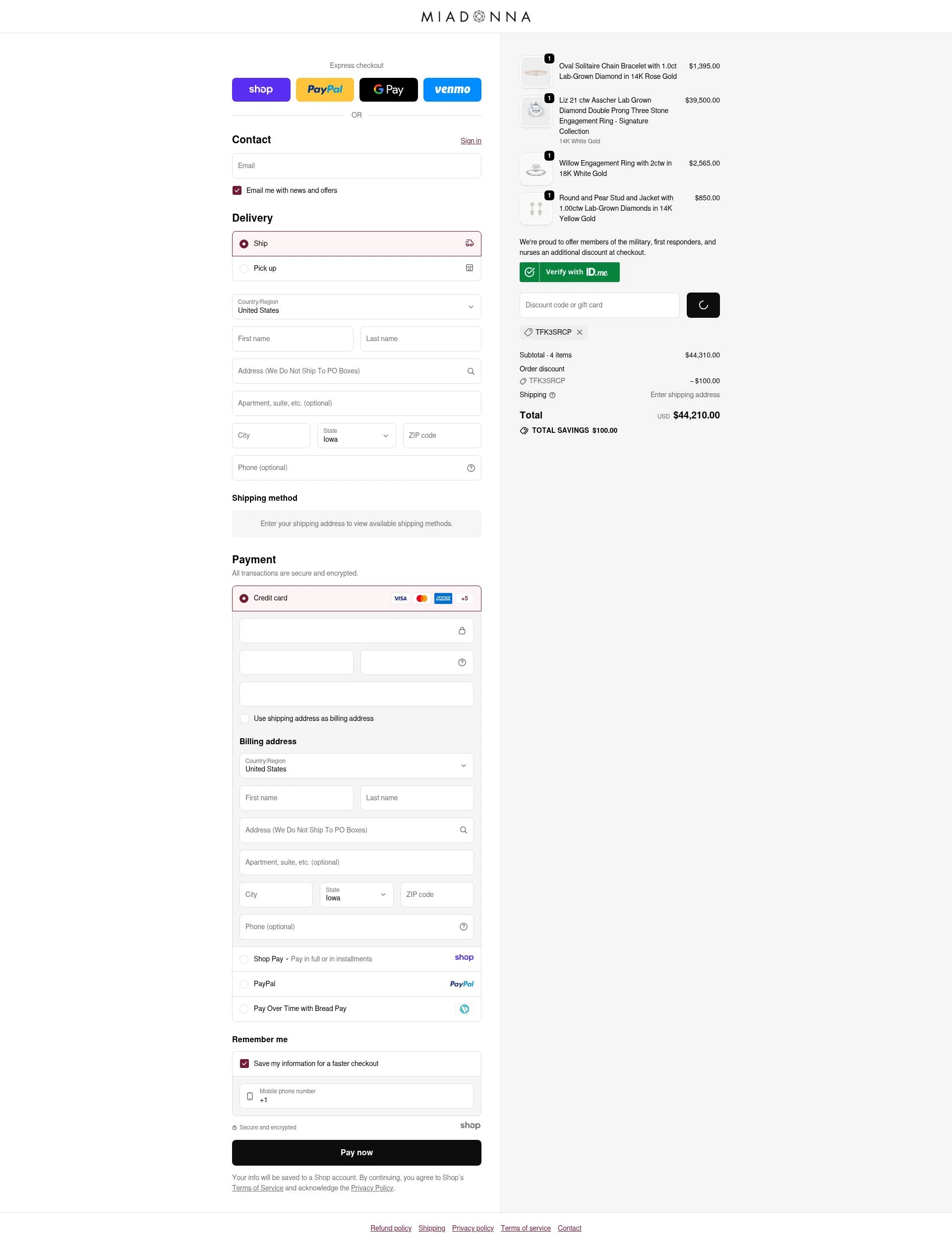 Mia Donna checkout page showing Mia Donna promo code box | Screenshot taken by SimplyCodes community member on Dec 27, 2025