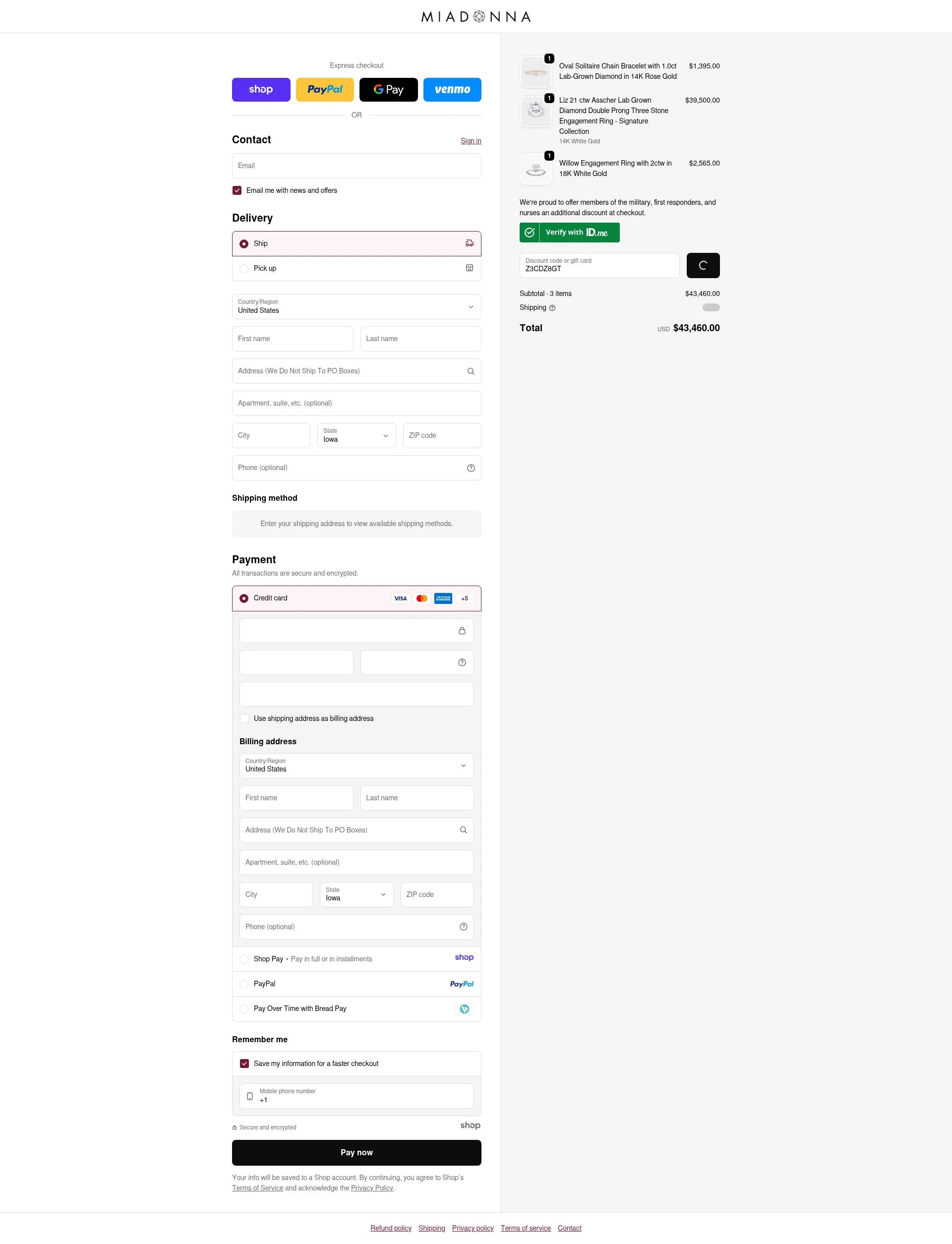 Mia Donna checkout page showing Mia Donna promo code box | Screenshot taken by SimplyCodes community member on Jan 1, 2026