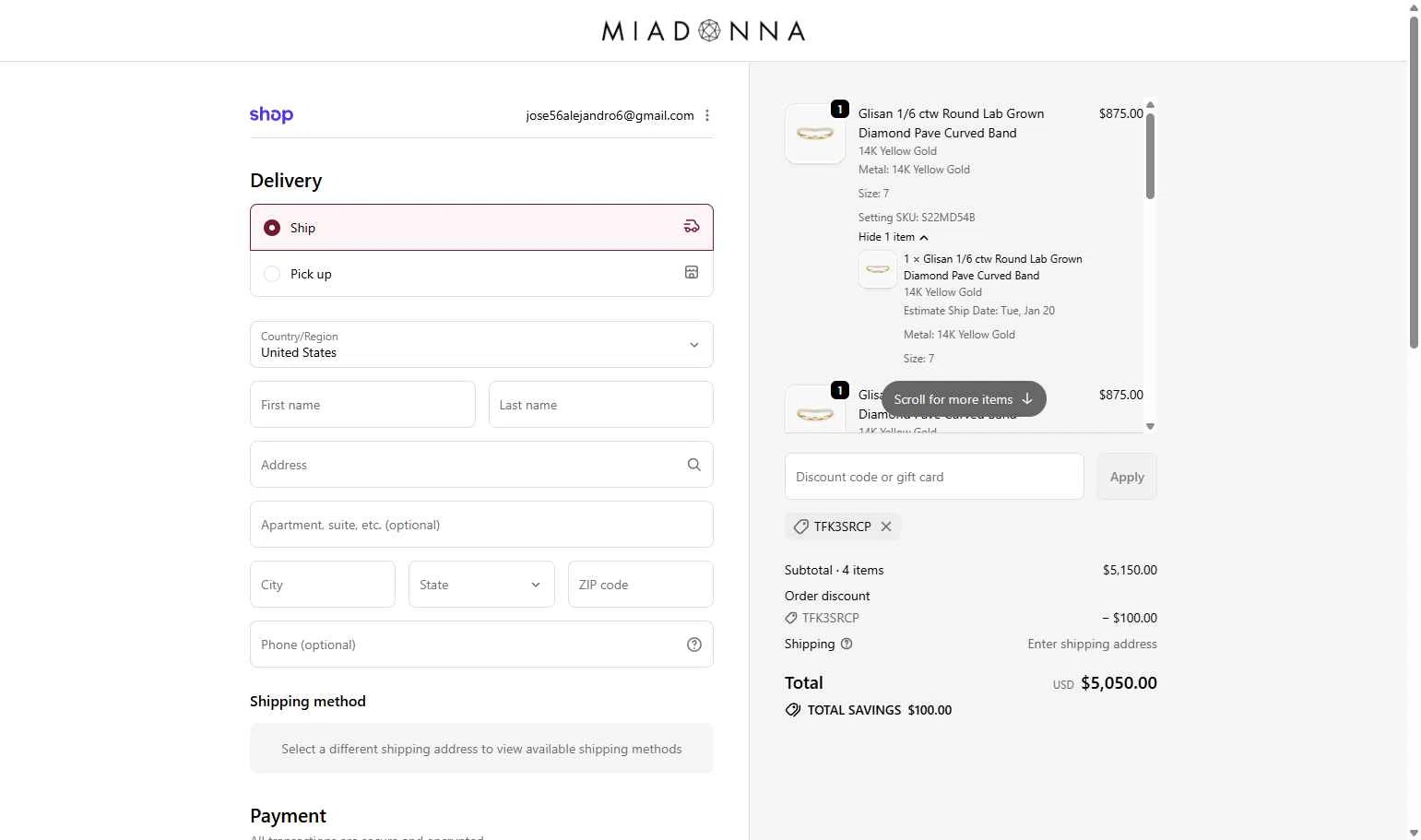 Mia Donna checkout page showing Mia Donna promo code box | Screenshot taken by SimplyCodes community member on Dec 25, 2025