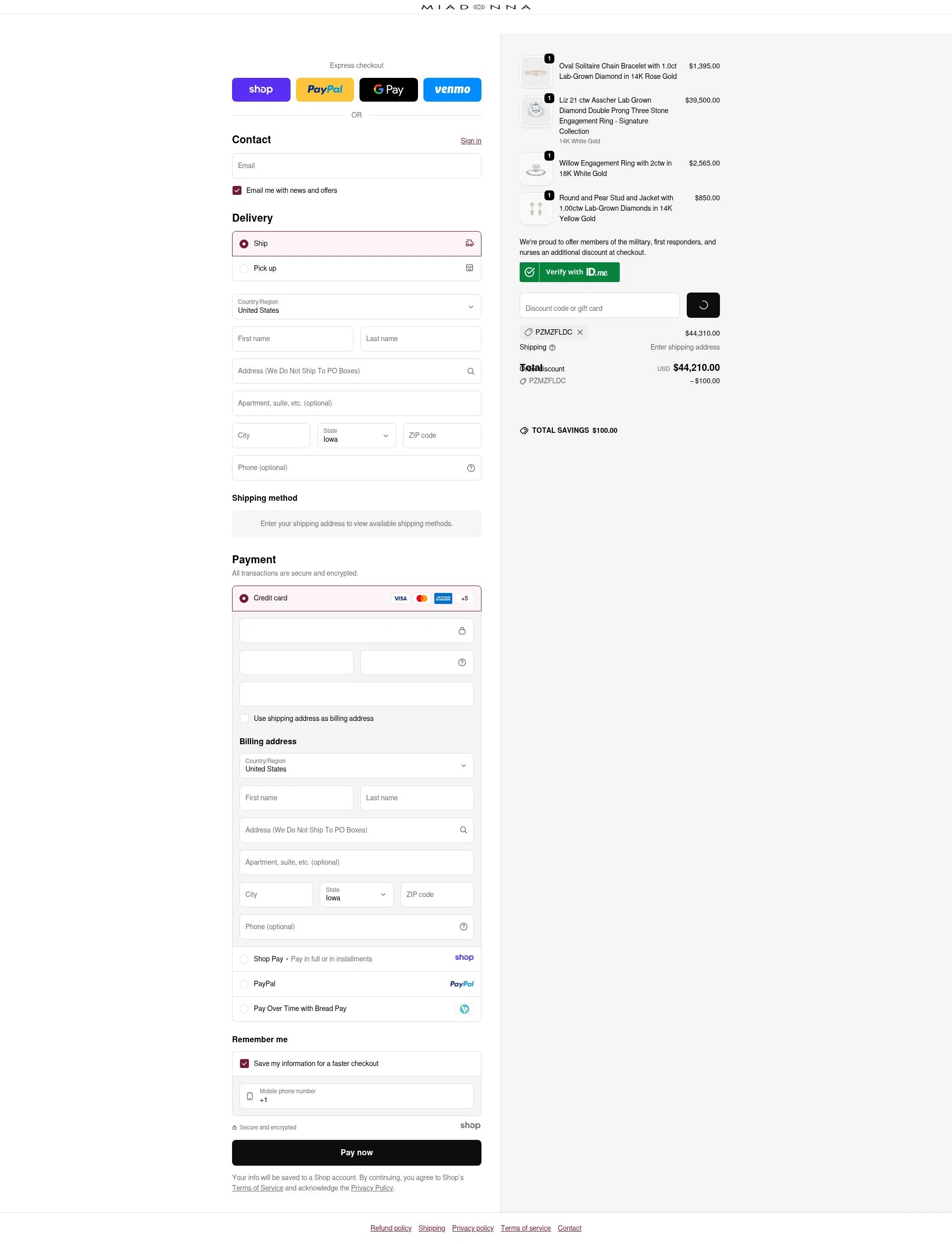 Mia Donna checkout page showing Mia Donna promo code box | Screenshot taken by SimplyCodes community member on Dec 27, 2025