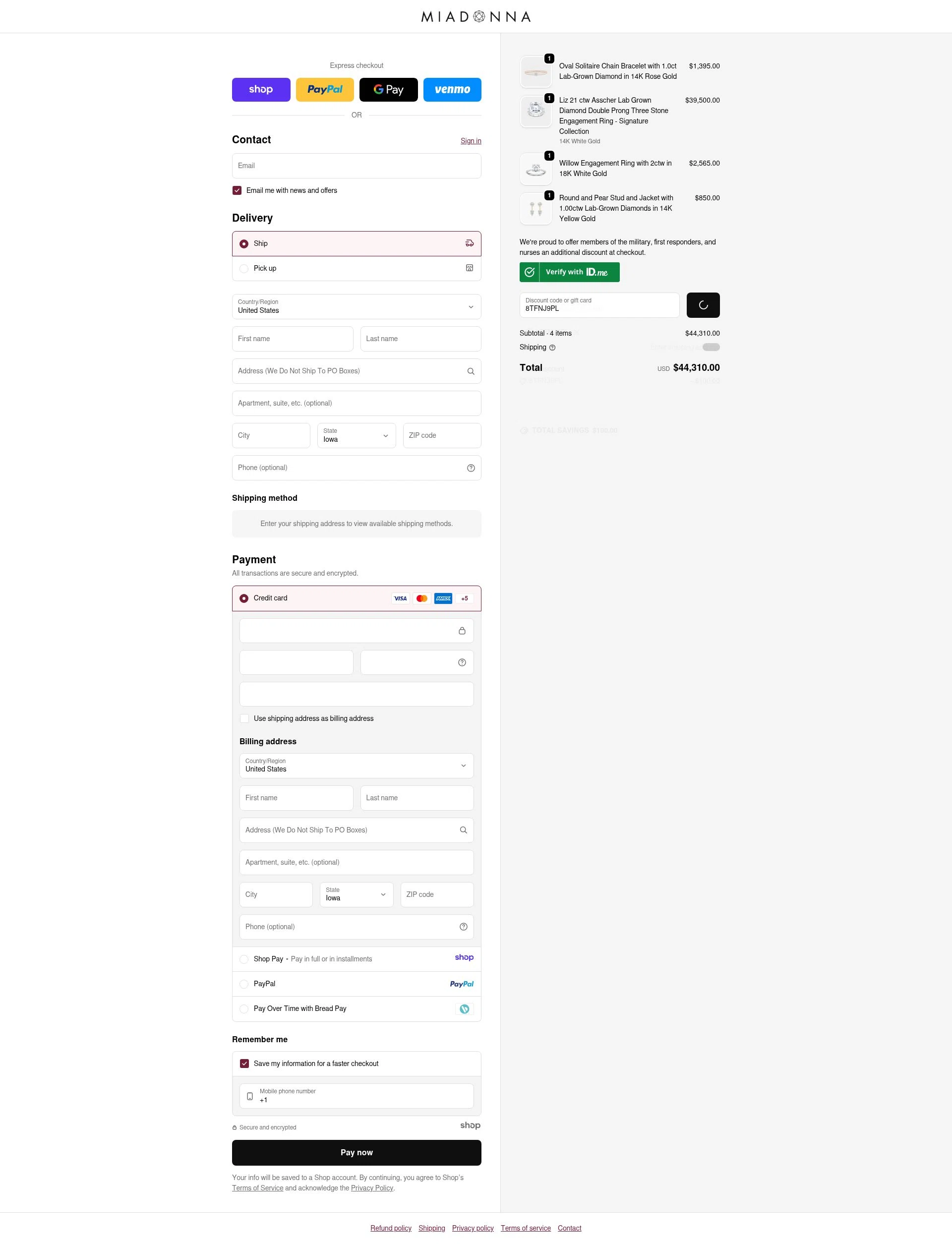 Mia Donna checkout page showing Mia Donna promo code box | Screenshot taken by SimplyCodes community member on Dec 27, 2025