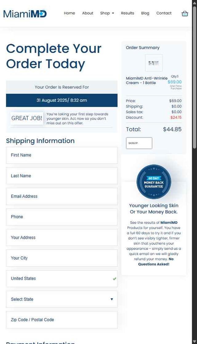Miami MD checkout page showing Miami MD coupon code box | Screenshot taken by SimplyCodes community member on Aug 31, 2025