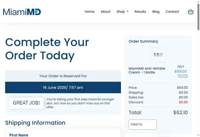 Miami MD checkout page showing Miami MD coupon code box | Screenshot taken by SimplyCodes community member on Jun 19, 2025