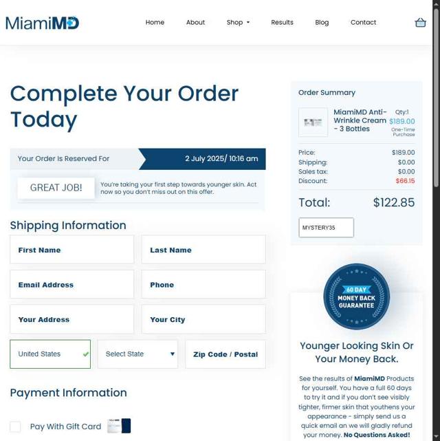 Miami MD checkout page showing Miami MD coupon code box | Screenshot taken by SimplyCodes community member on Jul 2, 2025