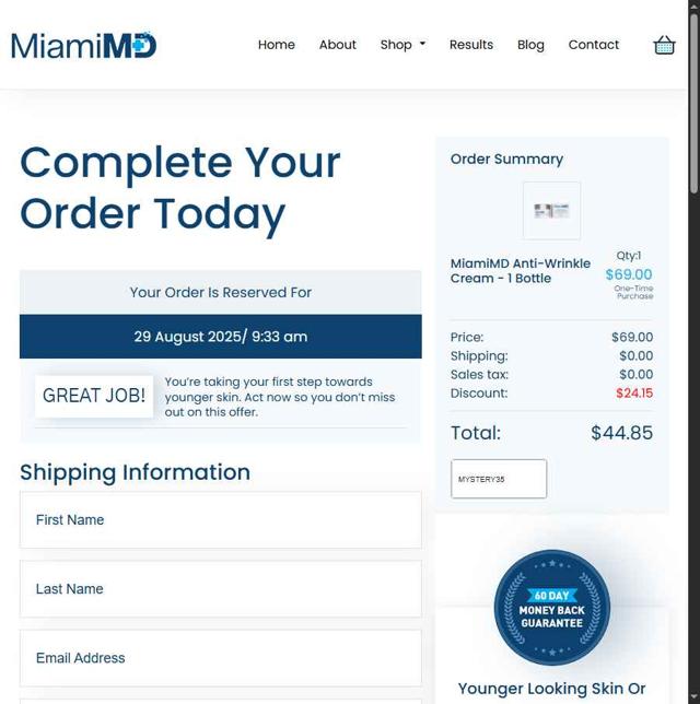 Miami MD checkout page showing Miami MD coupon code box | Screenshot taken by SimplyCodes community member on Aug 29, 2025
