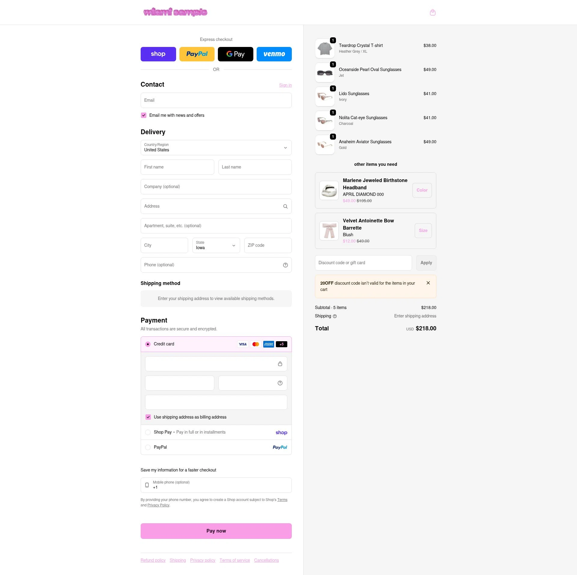Miami Sample checkout page showing Miami Sample discount code box | Screenshot taken by SimplyCodes community member on Feb 7, 2026