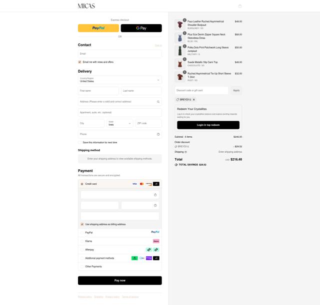 Micas checkout page showing Micas discount code box | Screenshot taken by SimplyCodes community member on Sep 14, 2025